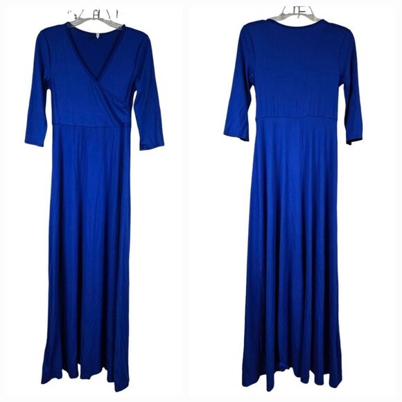 Mother Bee Royal Blue Maternity Nursing Maxi Dress | Faux Wrap Jersey Knit Comfy - Picture 6 of 10
